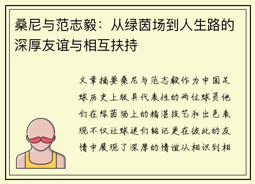 桑尼与范志毅：从绿茵场到人生路的深厚友谊与相互扶持